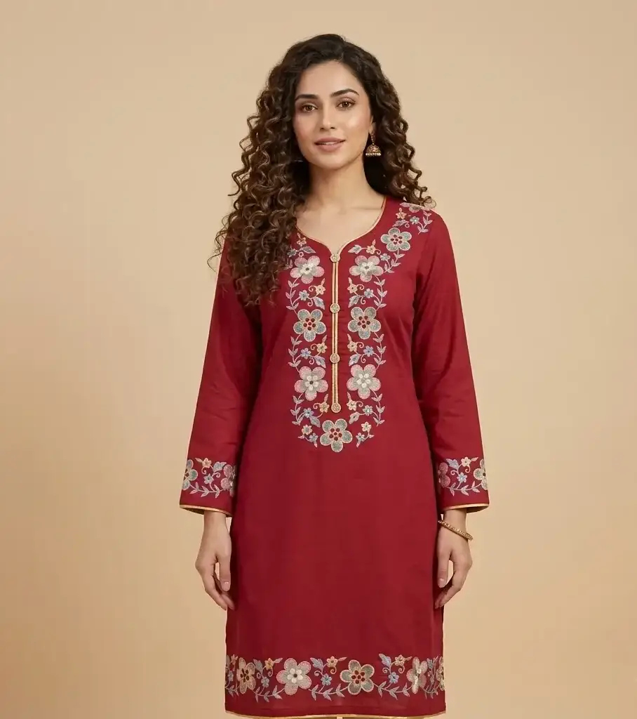 Dark maroon lawn fabric paint suit
